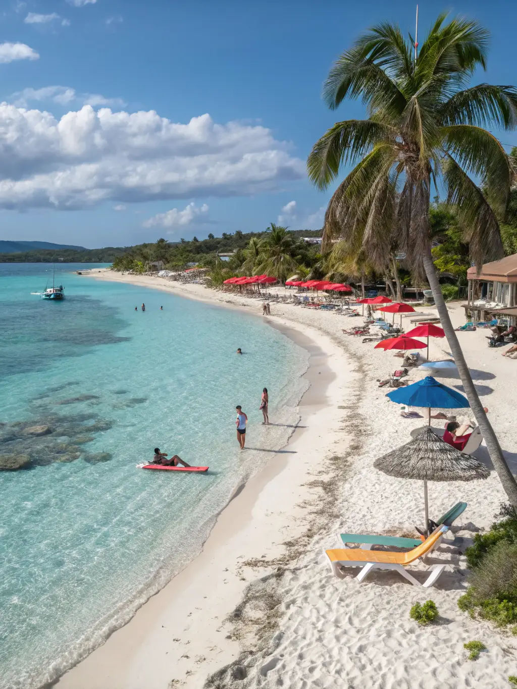 A serene beach with crystal-clear turquoise water and a luxury resort in the distance, capturing the essence of travel for a lifestyle blog.